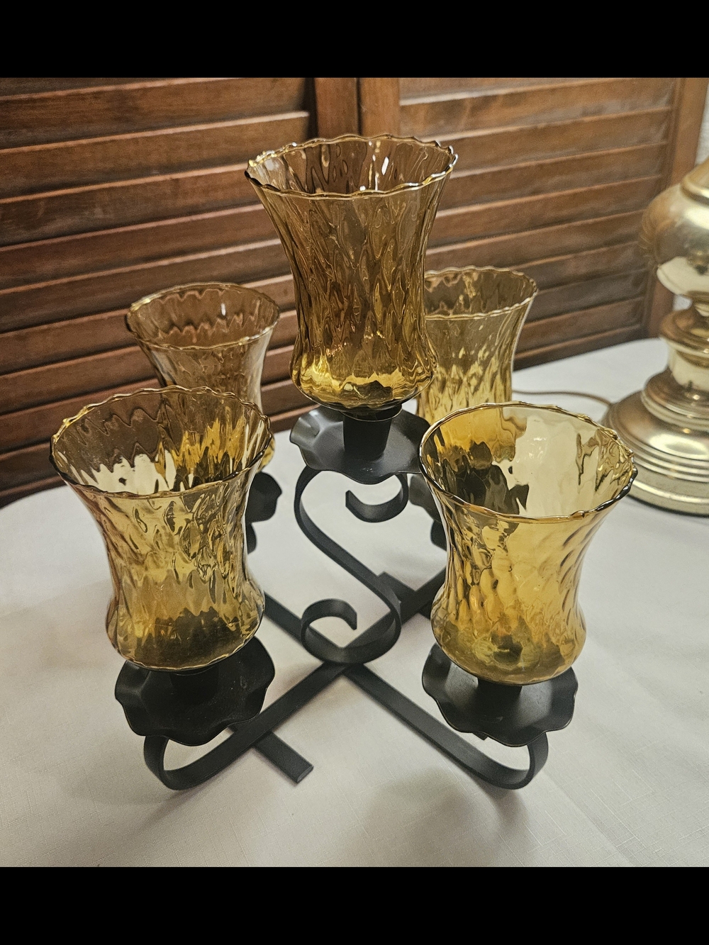 Homco  Amber Glass Candle Holder Set with Black Metal Base 12x8